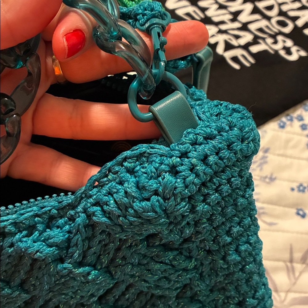 Kurt Geiger Teal Knit Bag with Chain Accent - Picture 10 of 10